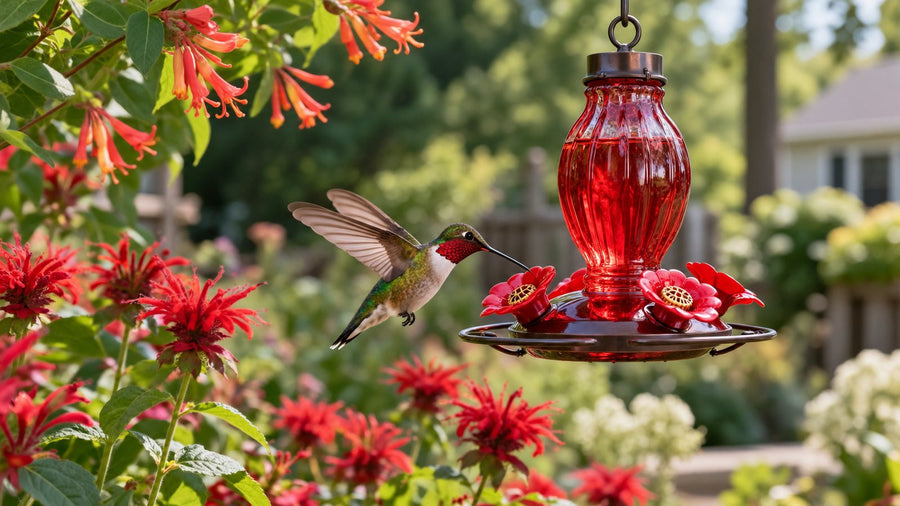 Ruby-throated hummingbird approaching a red glass hummingbird feeder among garden flowers
