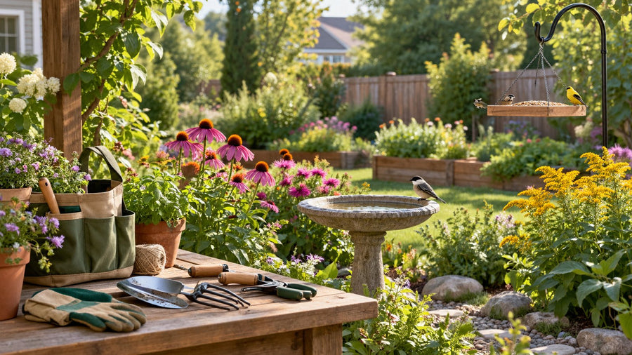 Sunny bird-friendly backyard with blooming native flowers, birdbath, platform feeder and gardening tools