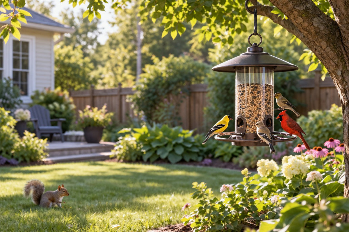 Birds eating seeds at a hanging backyard feeder while a squirrel stays on the grass