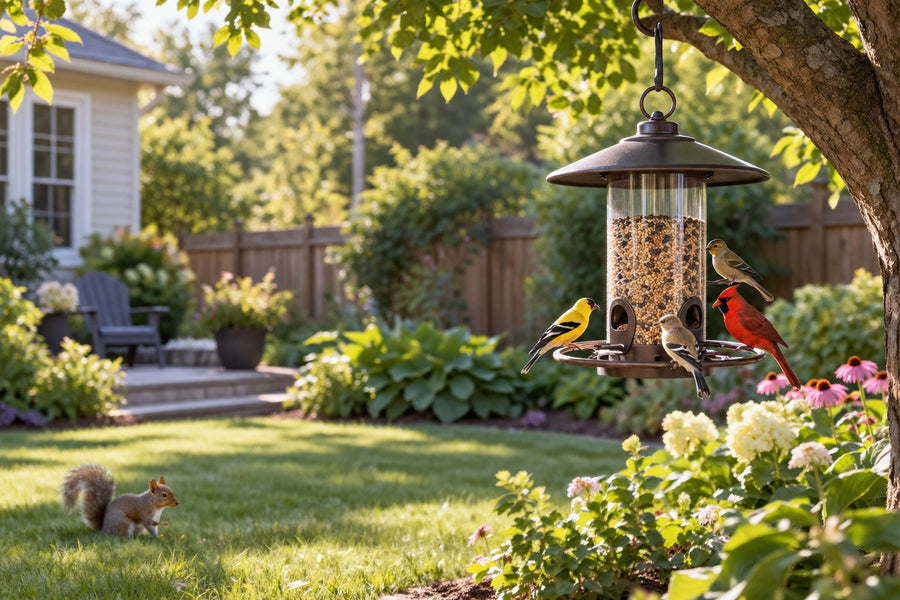 Birds eating seeds at a hanging backyard feeder while a squirrel stays on the grass