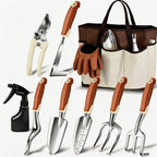 10 piece garden tool set with steel hand tools gloves spray bottle and tote bag