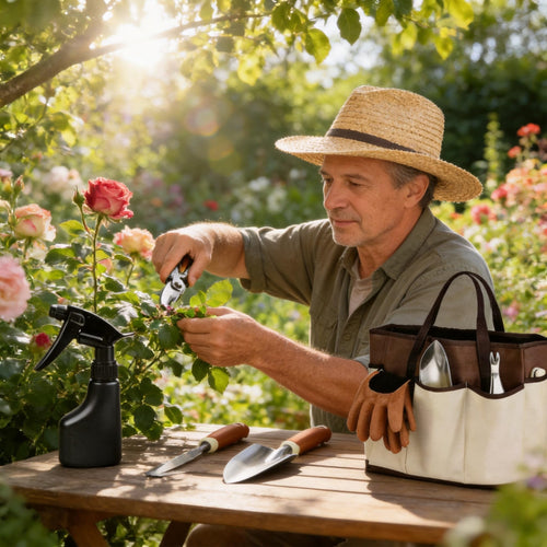 Gardener using pruning shears with garden tool set and tote bag outdoors