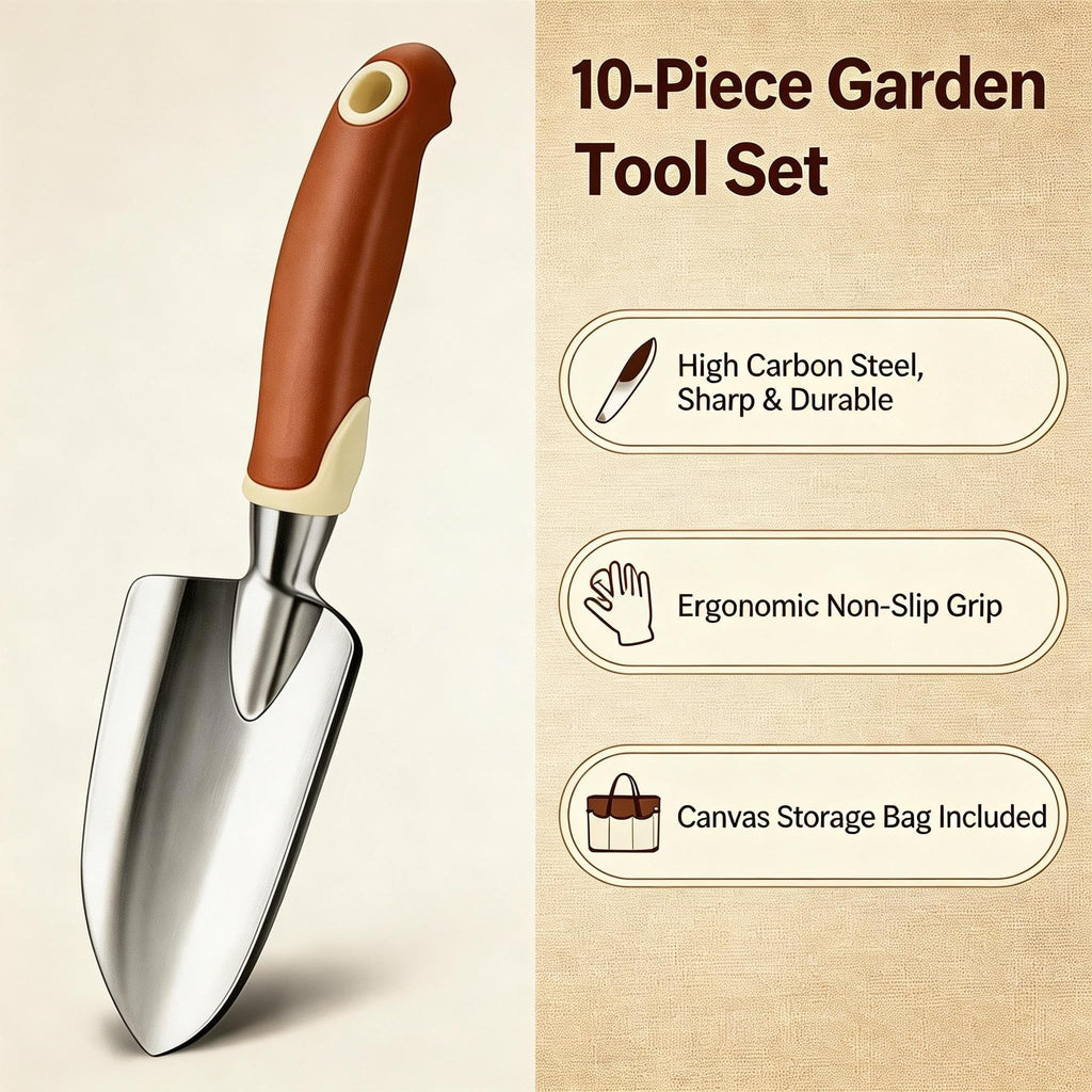 High carbon steel garden trowel with ergonomic non slip handle