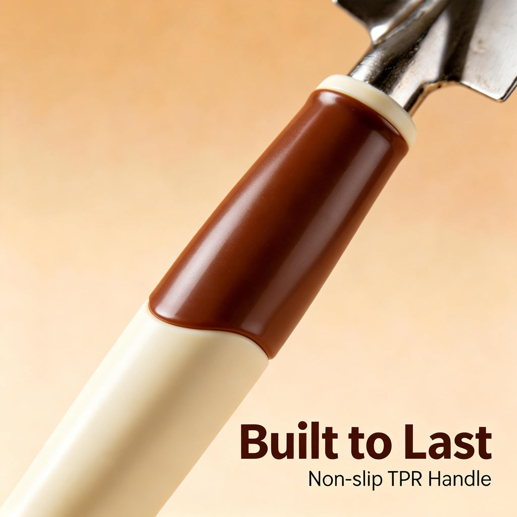 Close up of non slip TPR handle on garden hand tool