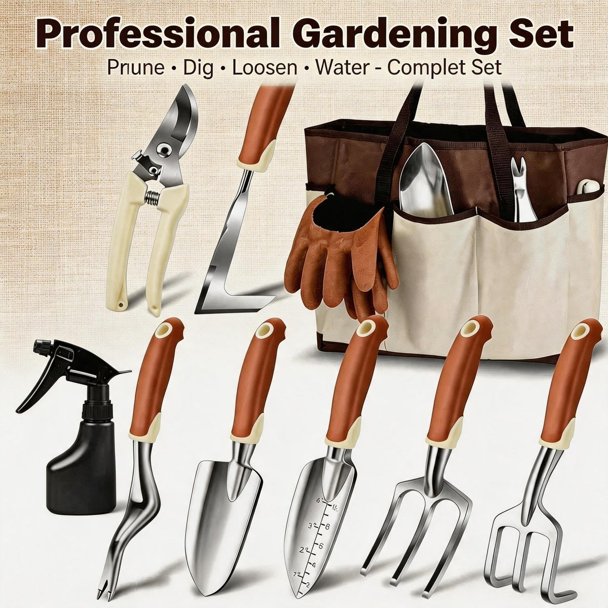 Professional 10 piece gardening tool set for pruning digging loosening and watering