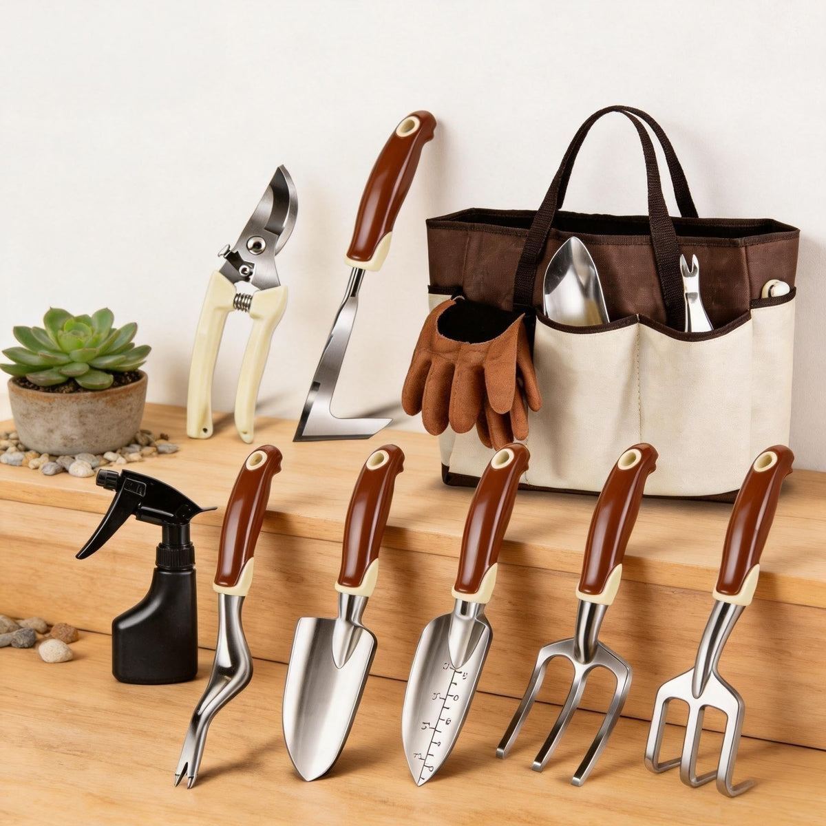 Garden tool kit with tote bag gloves spray bottle trowels cultivator rake and pruner