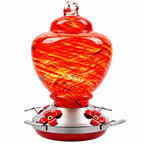 32oz red hand blown glass hummingbird feeder with four flower feeding ports and perches