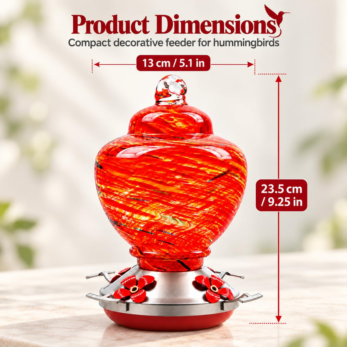 Red hummingbird feeder size guide approximately 5.1 inches wide and 9.25 inches high
