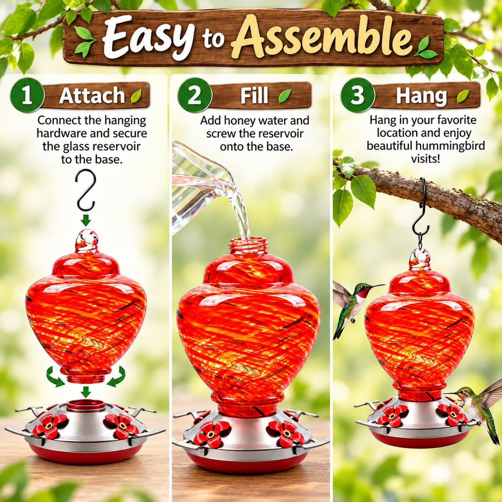 Easy assembly steps for hanging red glass hummingbird feeder