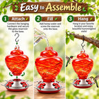 Easy assembly steps for hanging red glass hummingbird feeder