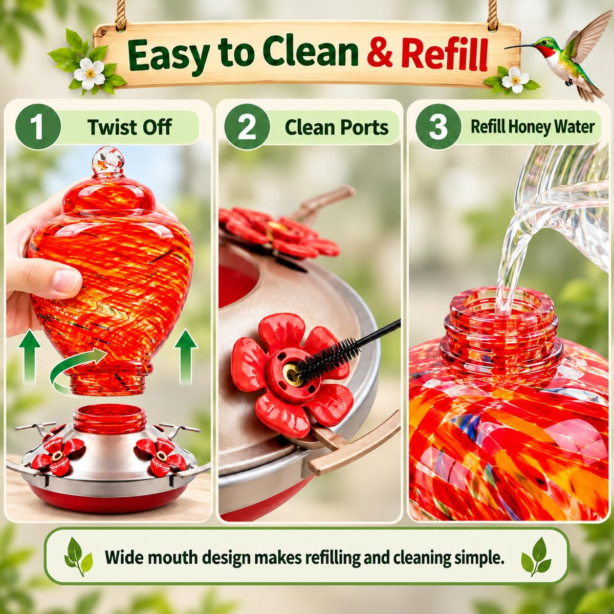Wide mouth hummingbird feeder for easy cleaning and nectar refilling