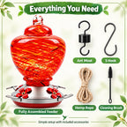 Red glass hummingbird feeder with ant moat S hook hemp rope and cleaning brush
