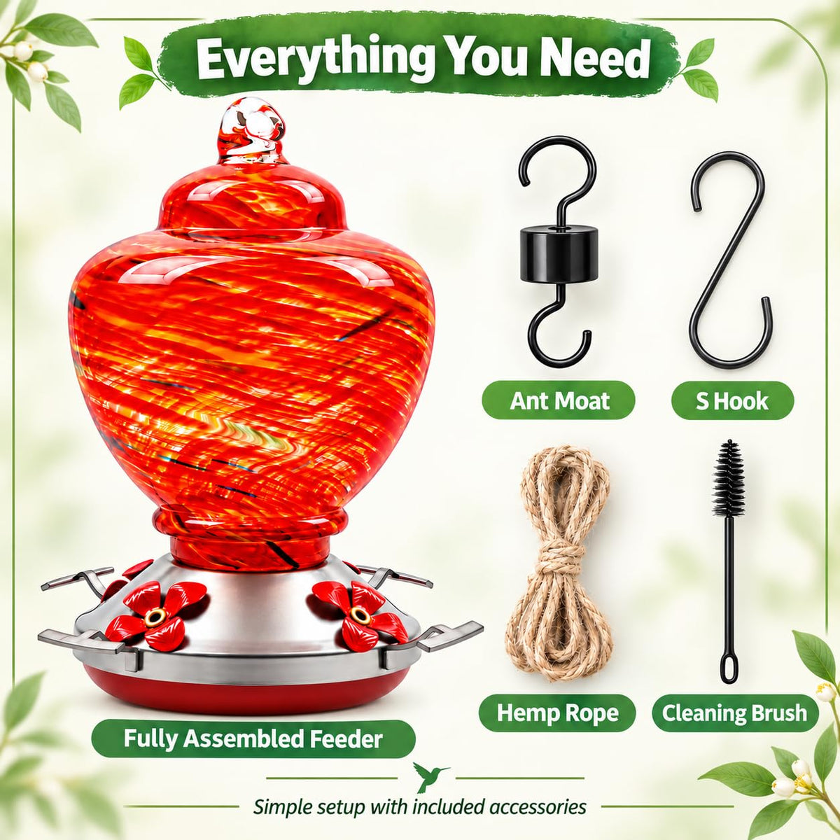 Red glass hummingbird feeder with ant moat S hook hemp rope and cleaning brush