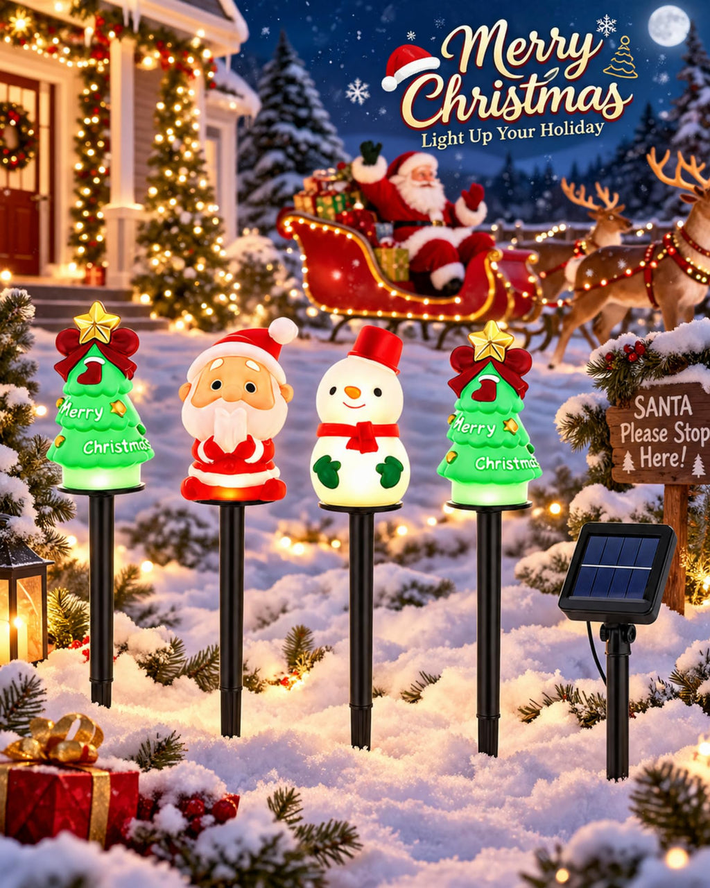 4 pack Christmas solar stake lights with two trees Santa and snowman