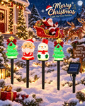 4 pack Christmas solar stake lights with two trees Santa and snowman