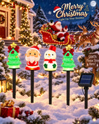 4 pack Christmas solar stake lights with two trees Santa and snowman