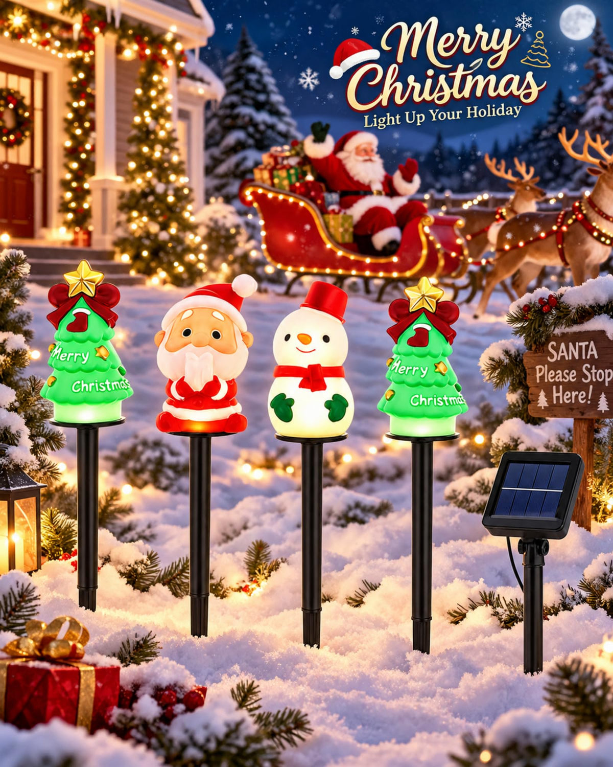 4 pack Christmas solar stake lights with two trees Santa and snowman