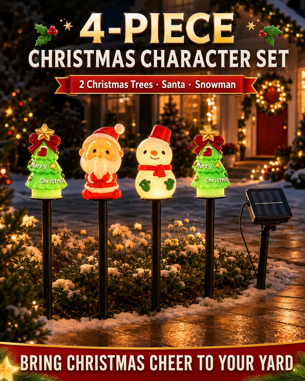 4 piece Christmas character solar stake light set for outdoor yard decor