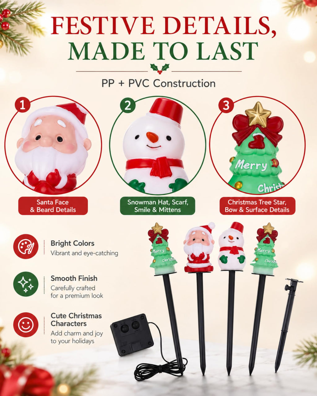 Christmas solar stake lights with PP and PVC character details