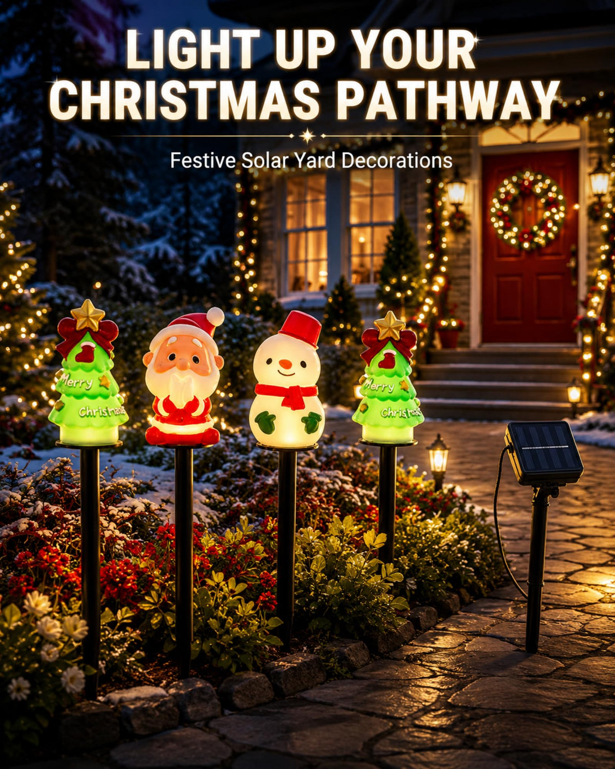 Christmas solar pathway stake lights decorating a front yard at night