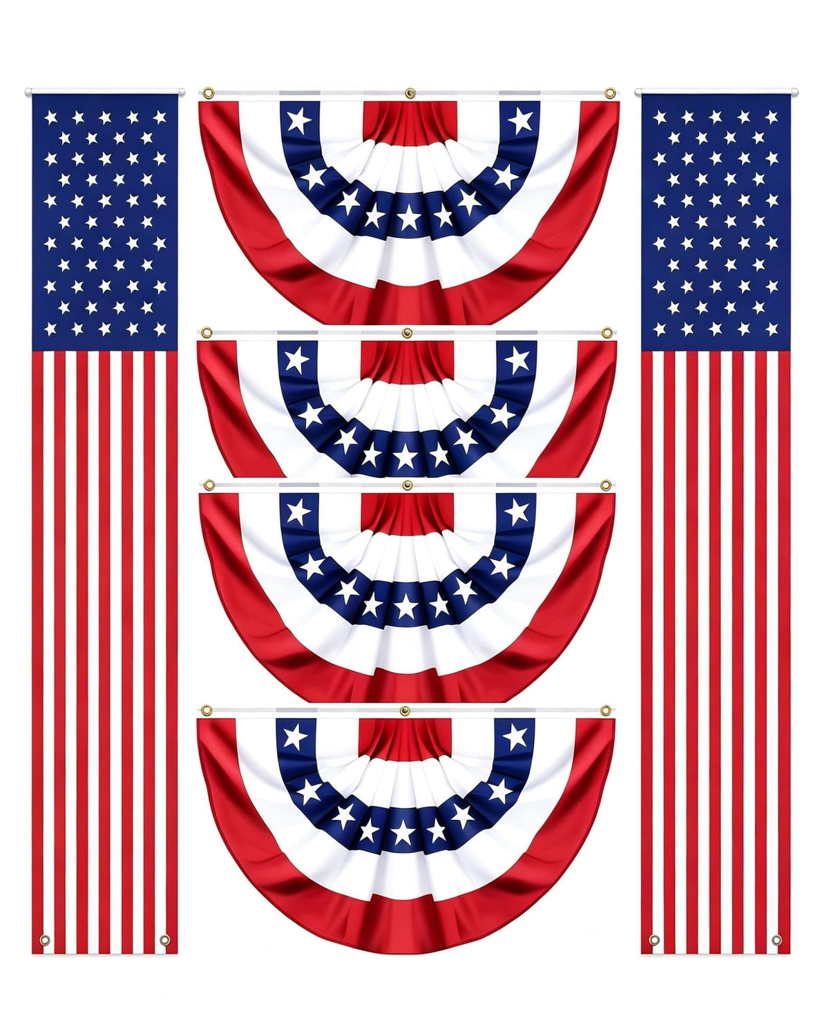 4th of July decorations combo set with four pleated fan flags and two hanging star stripe banners