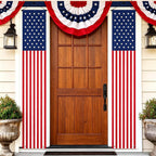 Red white and blue patriotic porch decorations with bunting fans and vertical flag banners