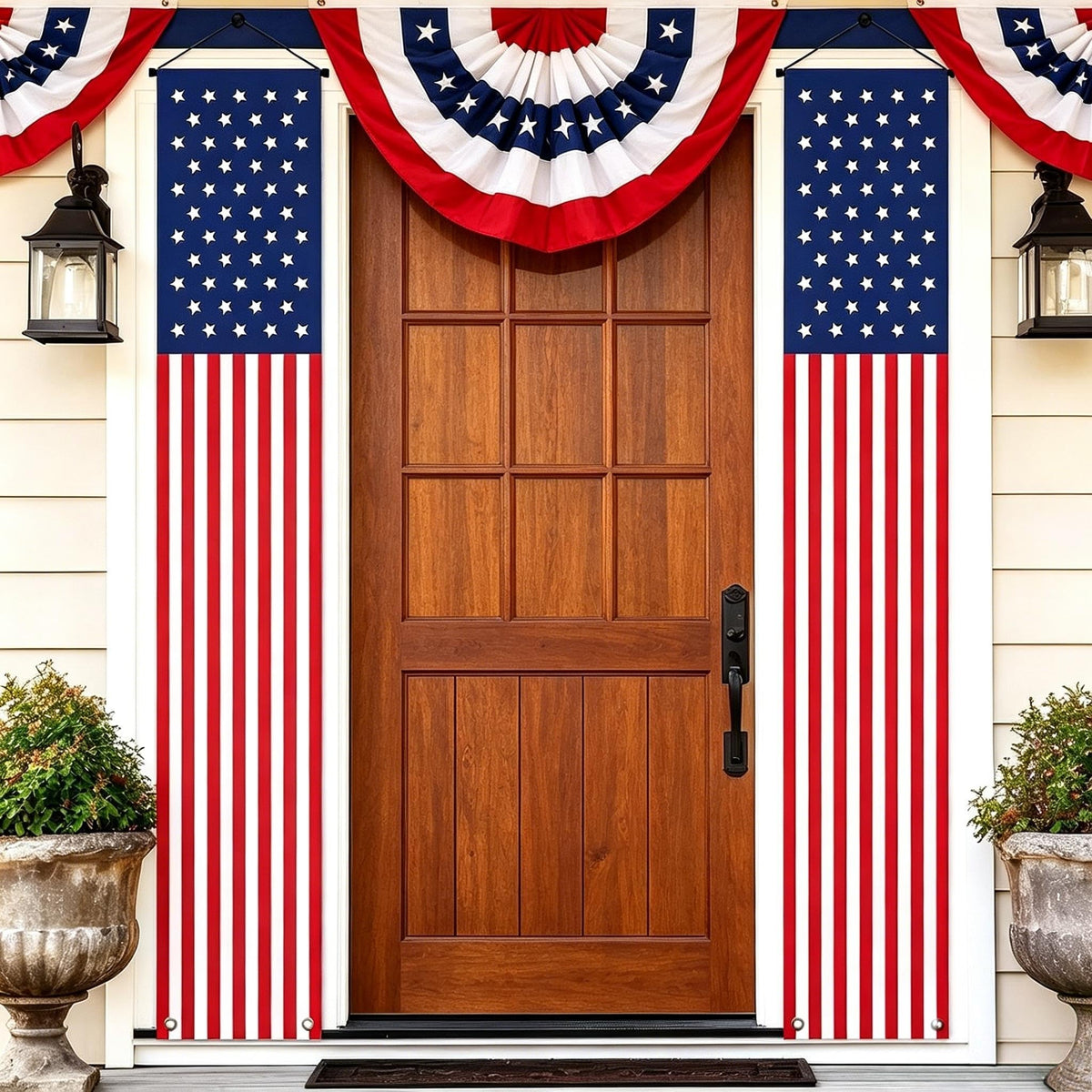 Red white and blue patriotic porch decorations with bunting fans and vertical flag banners