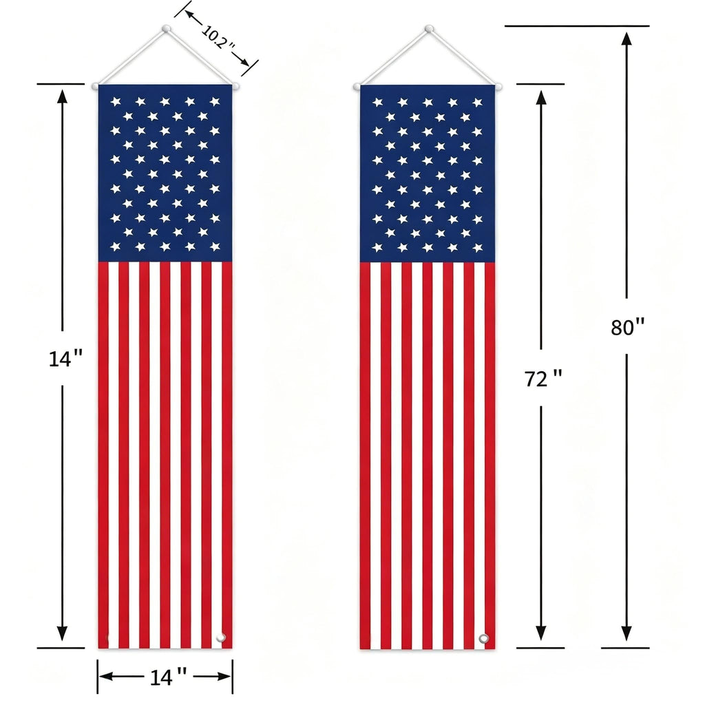 Patriotic hanging flag banner size guide for 4th of July porch decor