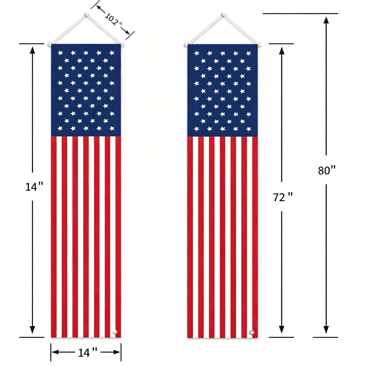 Patriotic hanging flag banner size guide for 4th of July porch decor