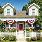 4th of July patriotic flag set decorating a front porch and house exterior