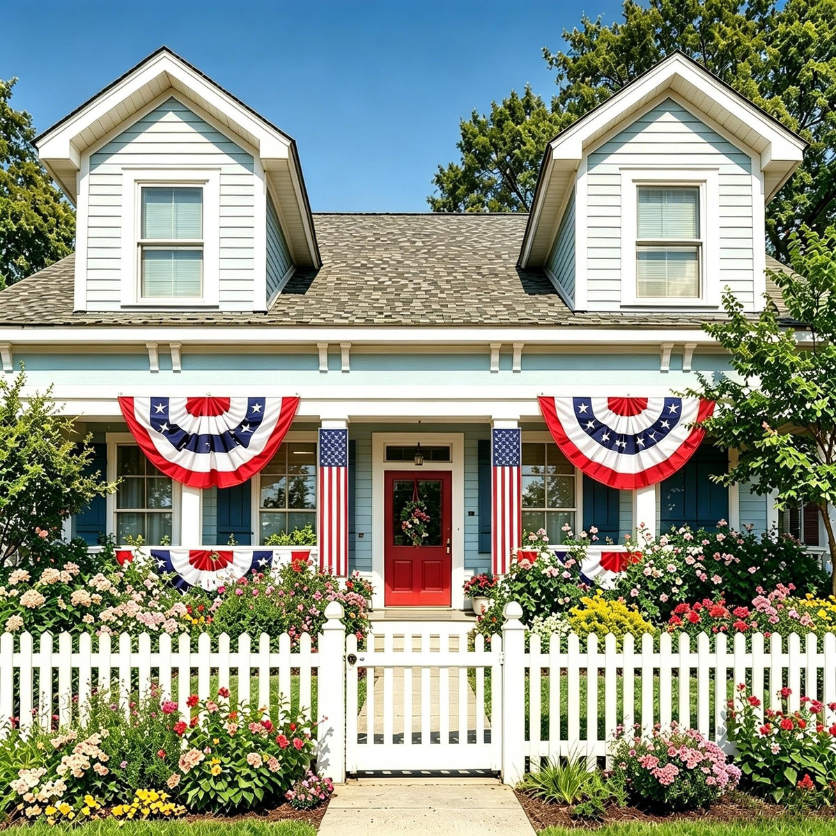 4th of July patriotic flag set decorating a front porch and house exterior