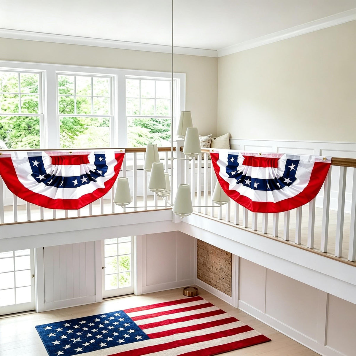 Red white and blue pleated fan flags decorating an indoor railing for patriotic celebrations