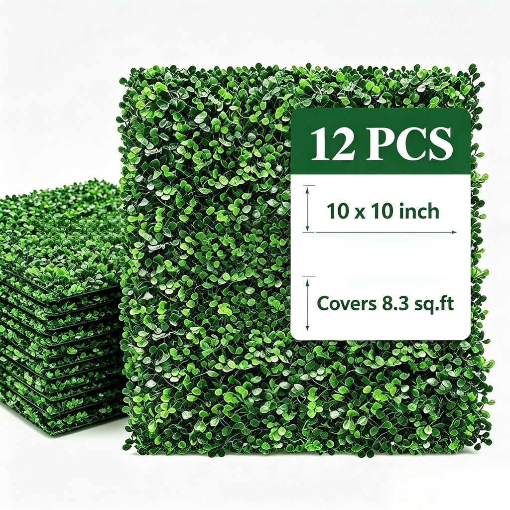 Artificial boxwood wall panels size guide covering approximately 8.3 square feet