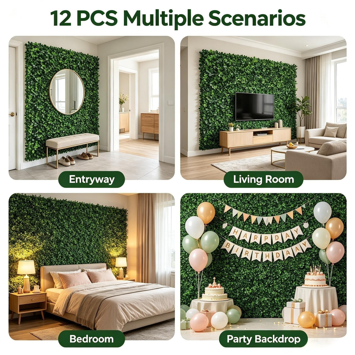 Artificial boxwood wall panels used for entryway living room bedroom and party backdrop
