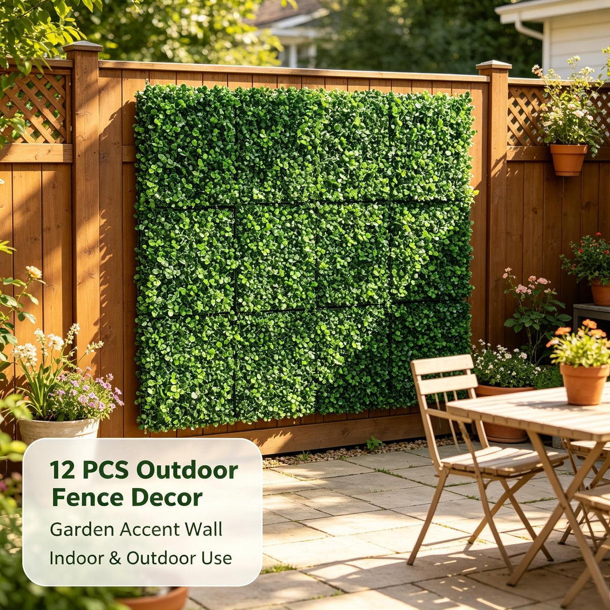Artificial boxwood hedge panels installed on an outdoor garden fence