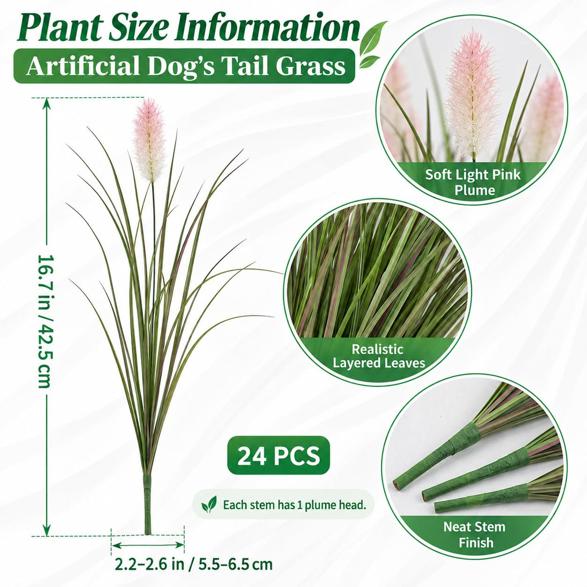 16.7 inch artificial dog tail grass stem size guide with layered green leaves