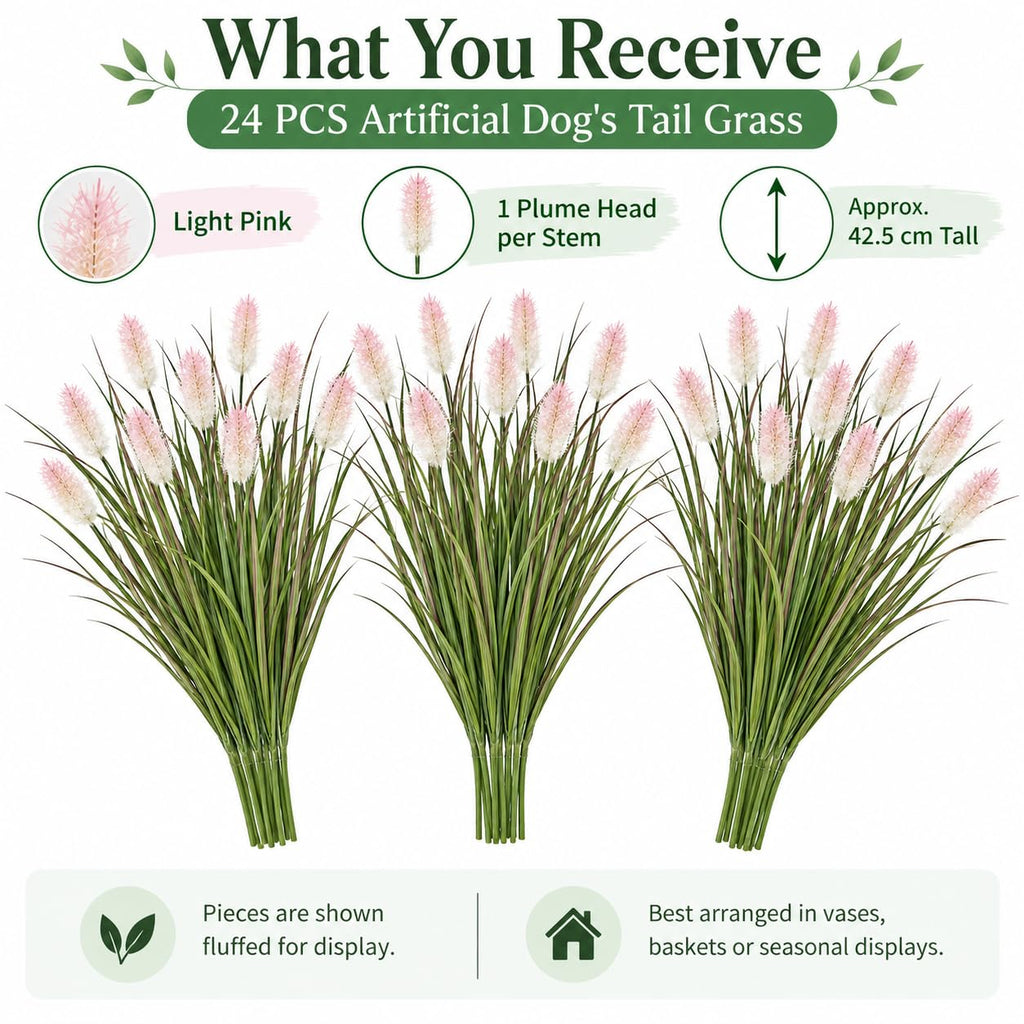 24 piece artificial dog tail grass set with light pink plume heads