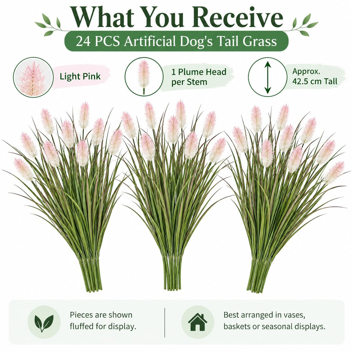 24 piece artificial dog tail grass set with light pink plume heads