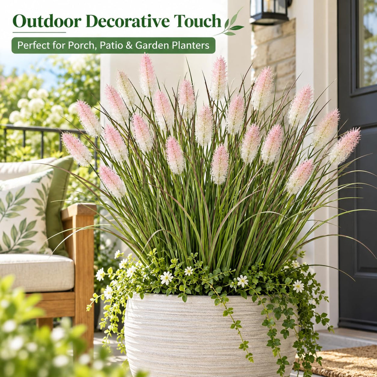 Artificial dog tail grass in an outdoor planter for porch and garden decor