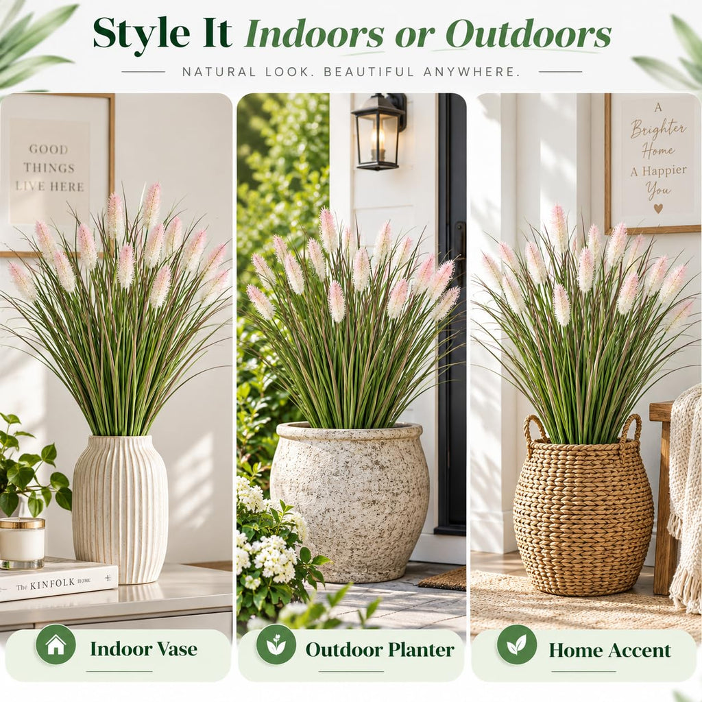 Artificial dog tail grass styled in indoor vase outdoor planter and home accent settings