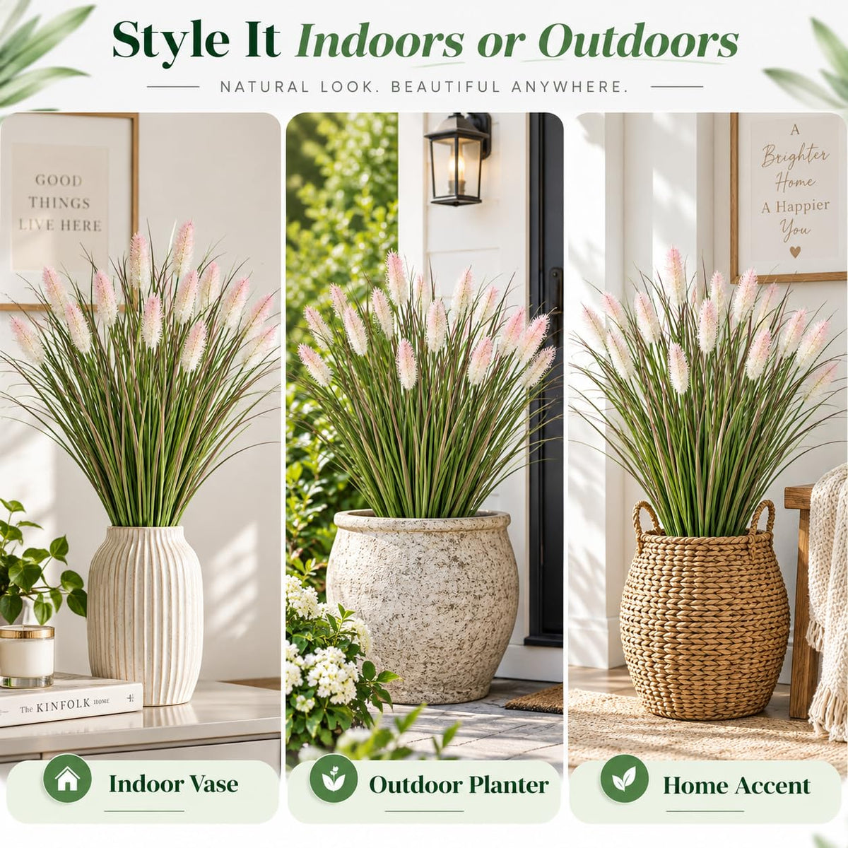 Artificial dog tail grass styled in indoor vase outdoor planter and home accent settings