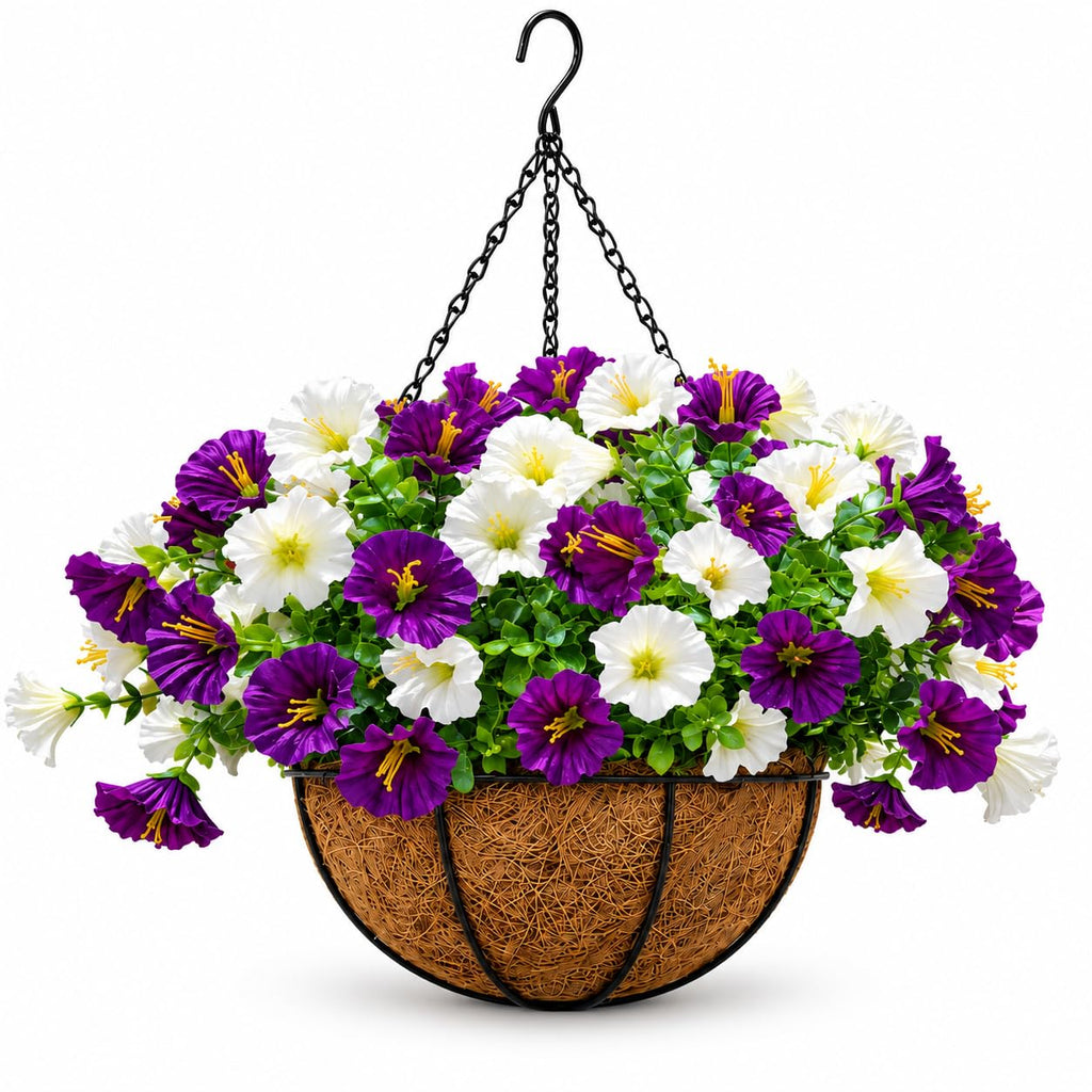 White and purple artificial petunia hanging basket for porch patio and outdoor decor