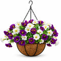 White and purple artificial petunia hanging basket for porch patio and outdoor decor