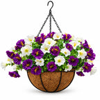 White and purple artificial petunia hanging basket for porch patio and outdoor decor