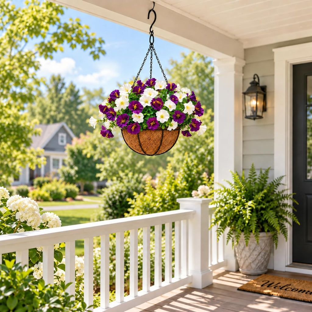 Artificial white and purple petunia hanging basket on a sunny front porch