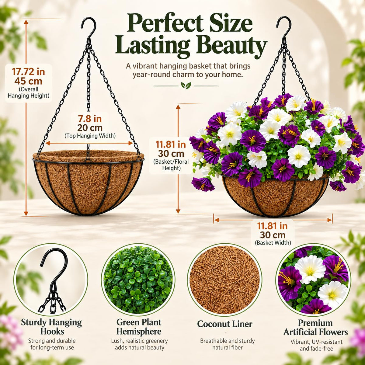 Artificial hanging flower basket size guide with 11.81 inch basket width and 17.72 inch overall hanging height