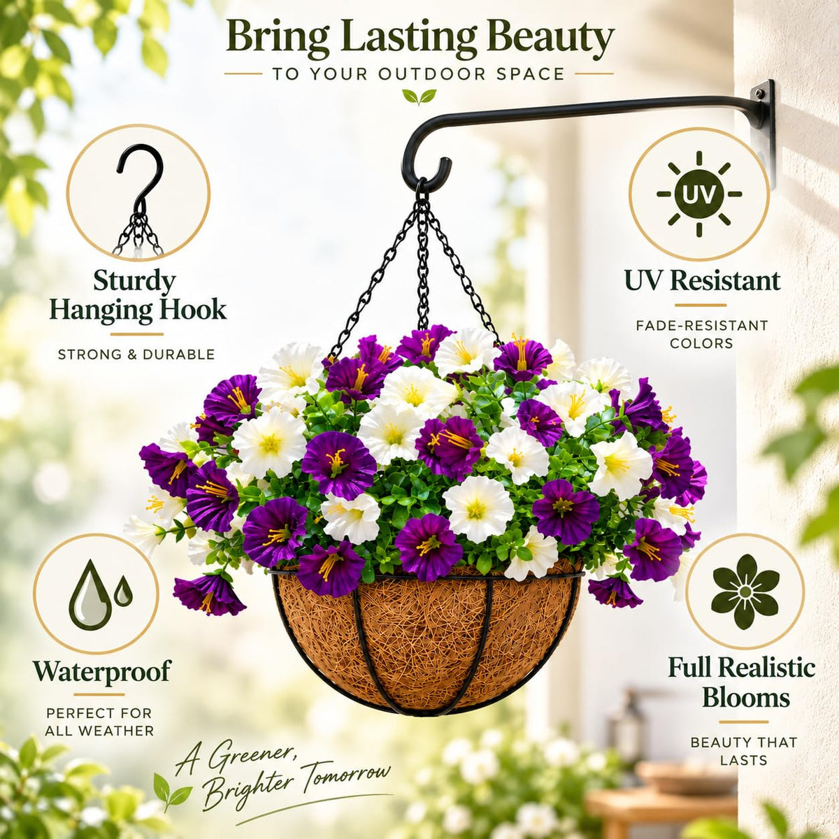 UV resistant waterproof artificial petunia hanging basket with sturdy hook and realistic blooms
