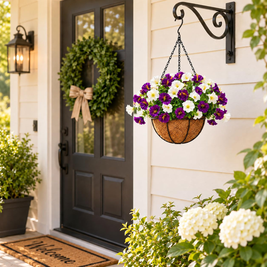White and purple faux petunia hanging basket decorating a front door porch