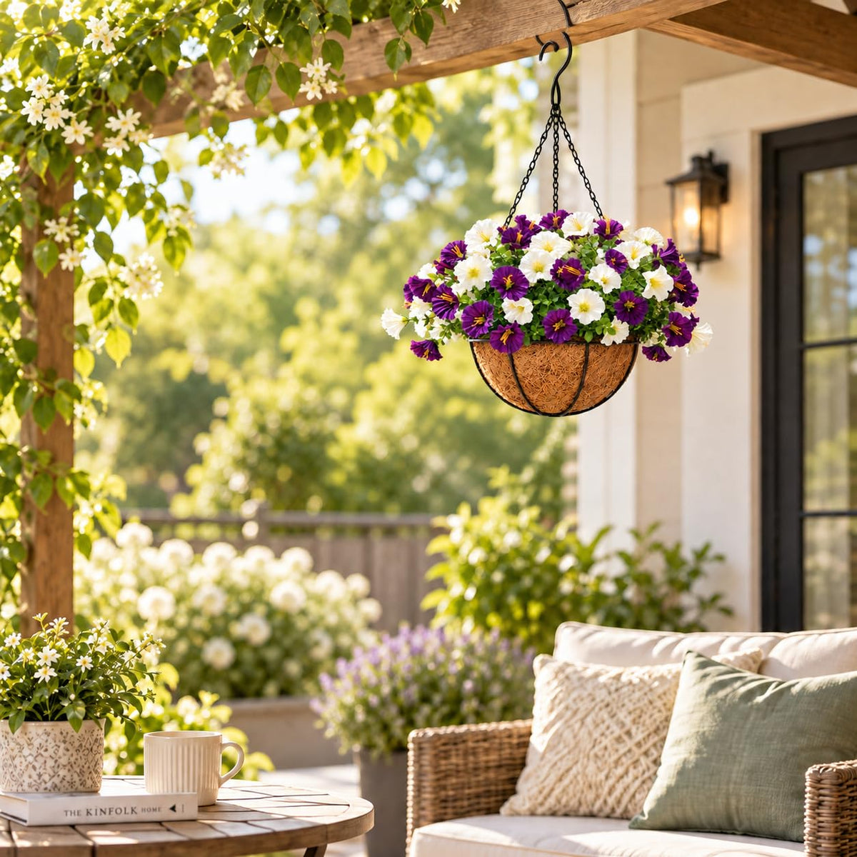 Artificial petunia hanging basket for covered patio and outdoor seating area
