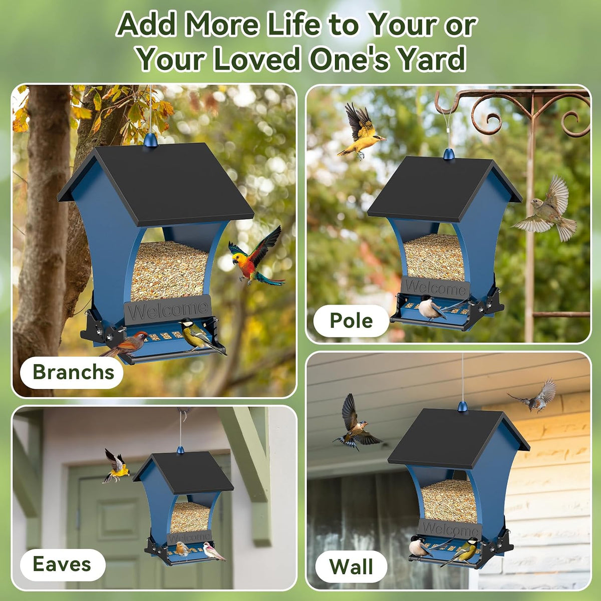 Large metal bird feeder attracting wild birds in a backyard garden